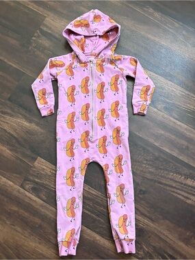 HUGO loves tiki Pink Hooded One-Piece Footie coverall with Hot Dog Print 4T